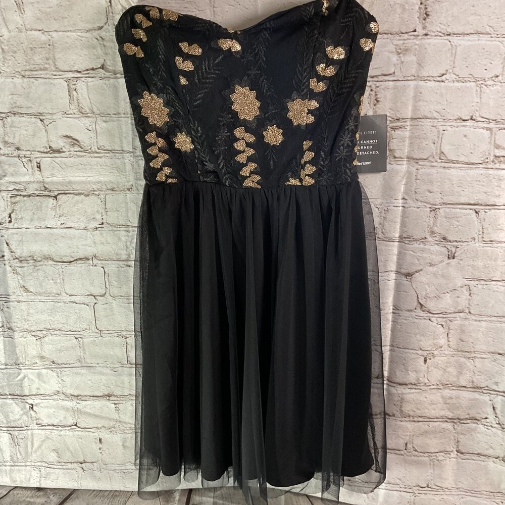 Charlotte Russe Black Strapless Dress Sz S Gold Embroidery Tulle Whimsigoth Prom
